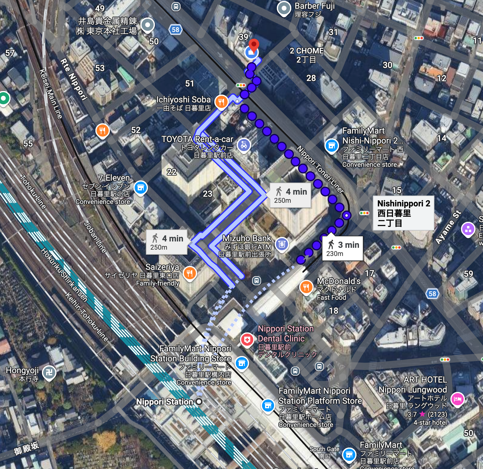 JR日暮里駅からふたばホテルまでの徒歩ルート図